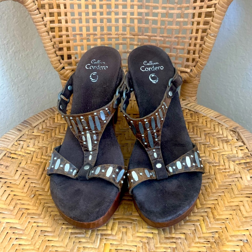 Calleen Cordero Mules, wood sole/heel, size 9